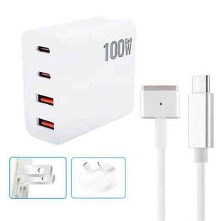 GaN 100W Dual USB-C/Type-C + Dual USB Multi Port Charger with  1.8m Type-C to MagSafe 2 / T Header Data Cable, Plug Size:US / AU Plug