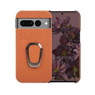 For Google Pixel 7 Pro Ring Holder Litchi Texture Genuine Leather Phone Case(Brown)