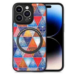 For iPhone 14 Pro Colored Drawing Leather Back Cover Magsafe Phone Case(Rhombus Mandala)