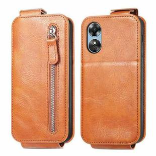 For OPPO A17 Zipper Wallet Vertical Flip Leather Phone Case(Brown)