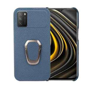 For Xiaomi Poco M3 Ring Holder Litchi Texture Genuine Leather Phone Case(Blue)