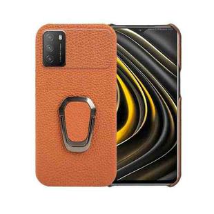 For Xiaomi Poco M3 Ring Holder Litchi Texture Genuine Leather Phone Case(Brown)
