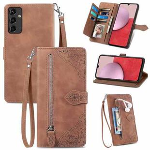 For Samsung Galaxy A14 5G Embossed Flower  Zipper Leather Phone Case(Brown)