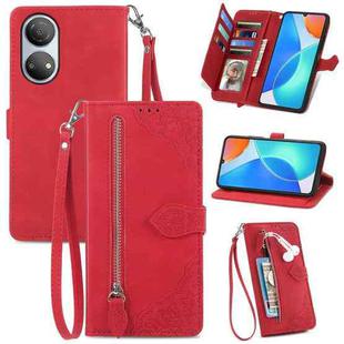 For Honor Play 30 Plus Embossed Flower Zipper Leather Phone Case(Red)