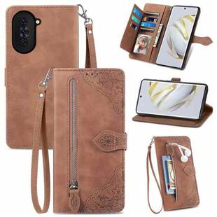 For Huawei Nova 10 Embossed Flower Zipper Leather Phone Case(Brown)