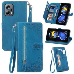 For Redmi Note 11T Embossed Flower Zipper Leather Phone Case(Blue)