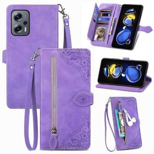 For Redmi Note 11T Embossed Flower Zipper Leather Phone Case(Purple)