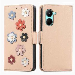 For Realme C33 Stereoscopic Flowers Leather Phone Case(Khaki)