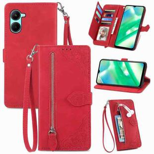 For Realme C33 Embossed Flower Zipper Leather Phone Case(Red)