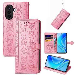 For Huawei Nova Y70 Cute Cat and Dog Embossed Leather Phone Case(Pink)