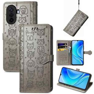 For Huawei Nova Y70 Cute Cat and Dog Embossed Leather Phone Case(Gray)