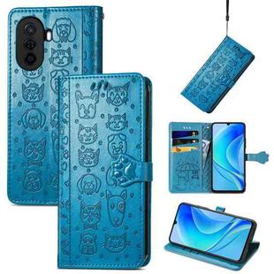 For Huawei Nova Y70 Cute Cat and Dog Embossed Leather Phone Case(Blue)