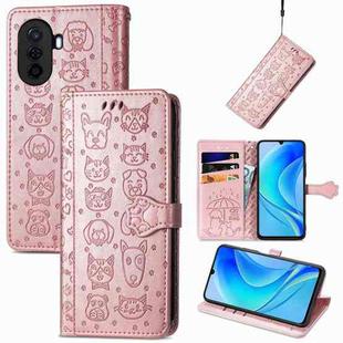 For Huawei Nova Y70 Cute Cat and Dog Embossed Leather Phone Case(Rose Gold)