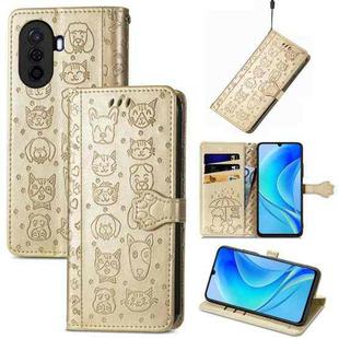 For Huawei Nova Y70 Cute Cat and Dog Embossed Leather Phone Case(Gold)