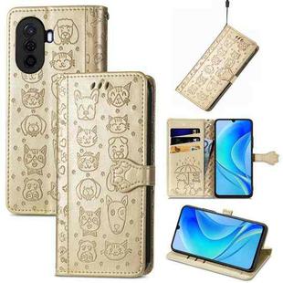 For Huawei Enjoy 50 Cute Cat and Dog Embossed Leather Phone Case(Gold)