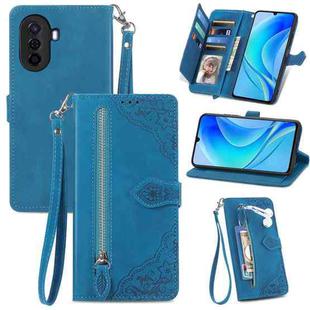 For Huawei Nova Y70 Embossed Flower Zipper Leather Phone Case(Blue)