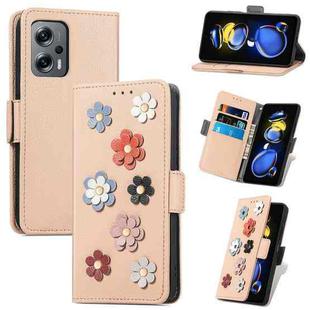 For Xiaomi Redmi Note 11T Stereoscopic Flowers Leather Phone Case(Khaki)