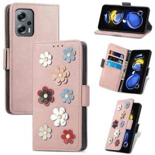 For Xiaomi Redmi Note 11T Stereoscopic Flowers Leather Phone Case(Rose Gold)