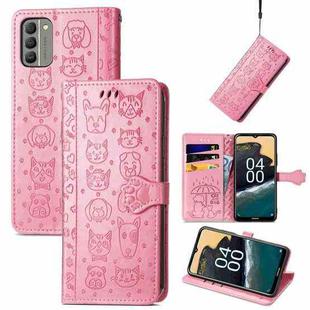 For Nokia G400 Cat and Dog Embossed Leather Phone Case(Pink)