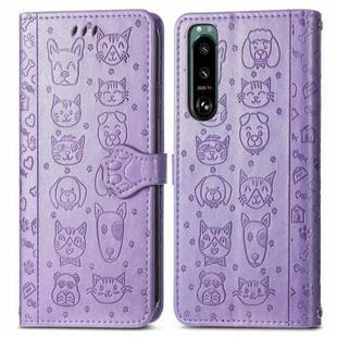 For Sony Xperia 5 IV Cat and Dog Embossed Leather Phone Case(Purple)