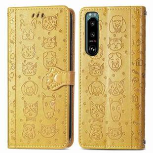 For Sony Xperia 5 IV Cat and Dog Embossed Leather Phone Case(Yellow)