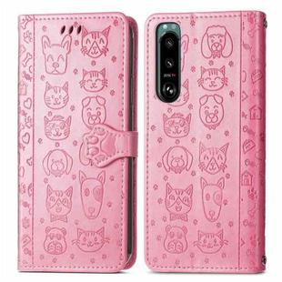 For Sony Xperia 5 IV Cat and Dog Embossed Leather Phone Case(Pink)