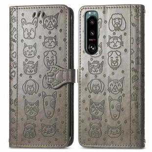 For Sony Xperia 5 IV Cat and Dog Embossed Leather Phone Case(Gray)