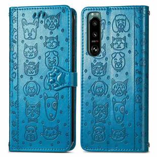For Sony Xperia 5 IV Cat and Dog Embossed Leather Phone Case(Blue)