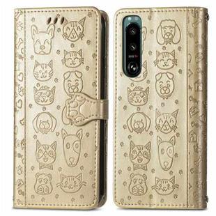 For Sony Xperia 5 IV Cat and Dog Embossed Leather Phone Case(Gold)