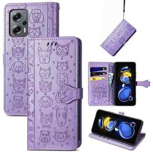 For Xiaomi Redmi Note 11T Cat and Dog Embossed Leather Phone Case(Purple)