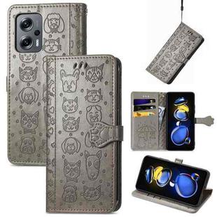 For Xiaomi Redmi Note 11T Cat and Dog Embossed Leather Phone Case(Gray)