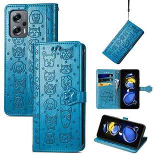 For Xiaomi Redmi Note 11T Cat and Dog Embossed Leather Phone Case(Blue)