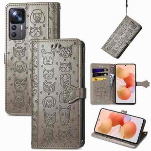 For Xiaomi 12T / Redmi K50 Ultra Cat and Dog Embossed Leather Phone Case(Gray)