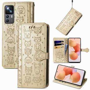 For Xiaomi 12T / Redmi K50 Ultra Cat and Dog Embossed Leather Phone Case(Gold)