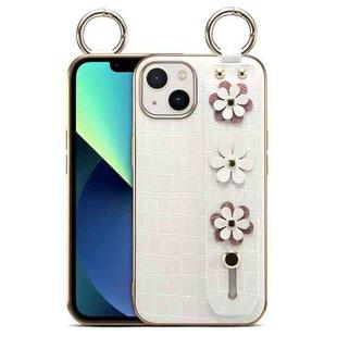 For iPhone 12 mini Wristband Ring Sakura Electroplated Crocodile Leather Phone Case(White)