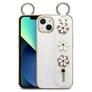 For iPhone 13 mini Wristband Ring Sakura Electroplated Crocodile Leather Phone Case(White)