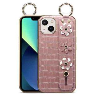 For iPhone 13 Wristband Ring Sakura Electroplated Crocodile Leather Phone Case(Pink)