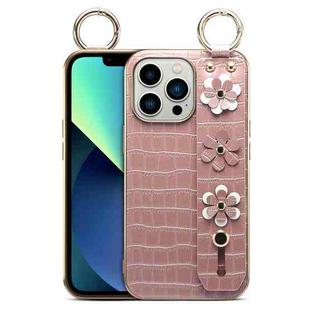 For iPhone 13 Pro Wristband Ring Sakura Electroplated Crocodile Leather Phone Case(Pink)