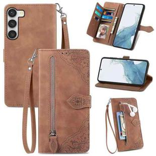 For Samsung Galaxy S23 5G Embossed Flower Zipper Leather Phone Case(Brown)