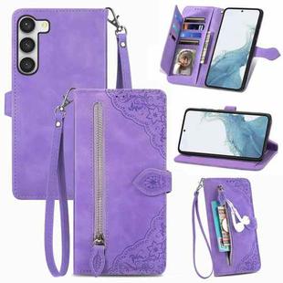 For Samsung Galaxy S23 5G Embossed Flower Zipper Leather Phone Case(Purple)