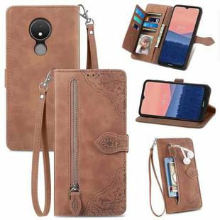 For Nokia C21 Embossed Flower Zipper Leather Phone Case(Brown)