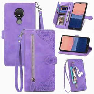For Nokia C21 Embossed Flower Zipper Leather Phone Case(Purple)