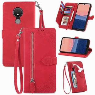 For Nokia C21 Embossed Flower Zipper Leather Phone Case(Red)