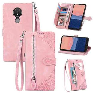 For Nokia C21 Embossed Flower Zipper Leather Phone Case(Rose Gold)