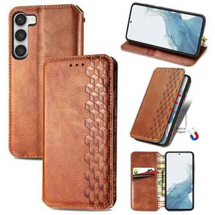 For Samsung Galaxy S23 5G Cubic Grid Pressed Magnetic Leather Phone Case(Brown)