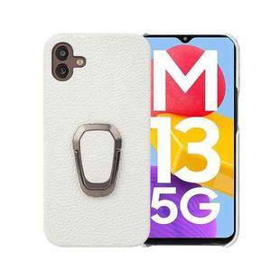 For Samsung Galaxy M13 5G Ring Holder Litchi Texture Genuine Leather Phone Case(White)