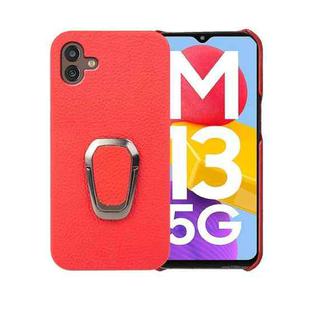 For Samsung Galaxy M13 5G Ring Holder Litchi Texture Genuine Leather Phone Case(Red)