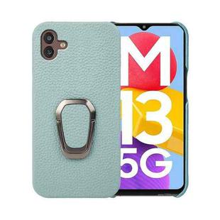 For Samsung Galaxy M13 5G Ring Holder Litchi Texture Genuine Leather Phone Case(Cyan)