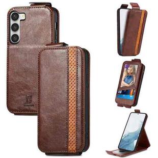For Samsung Galaxy S23 5G Splicing Wallet Card Holder Vertical Flip Leather Phone Case(Brown)