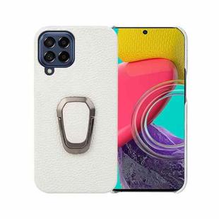 For Samsung Galaxy M53 5G Ring Holder Litchi Texture Genuine Leather Phone Case(White)